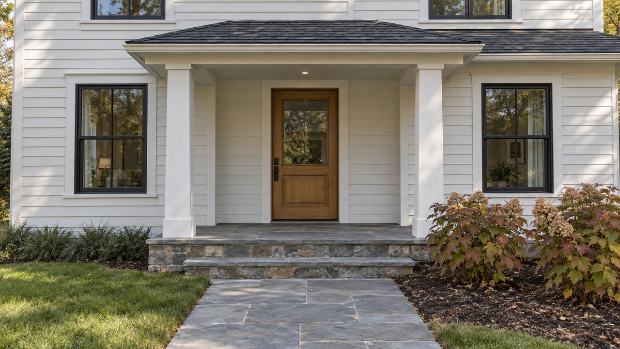 White clapboard home with an oak entry door, a covered bluestone porch and autumn oakleaf hydrangeas beside the walk.