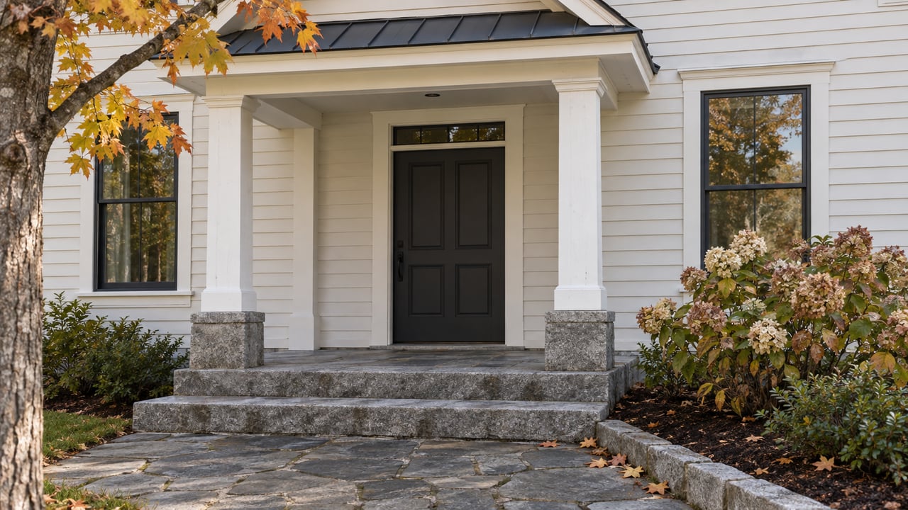 Covered entry of a white clapboard home with a dark door, granite steps and rose-brown hydrangea flowers in soft autumn daylight.