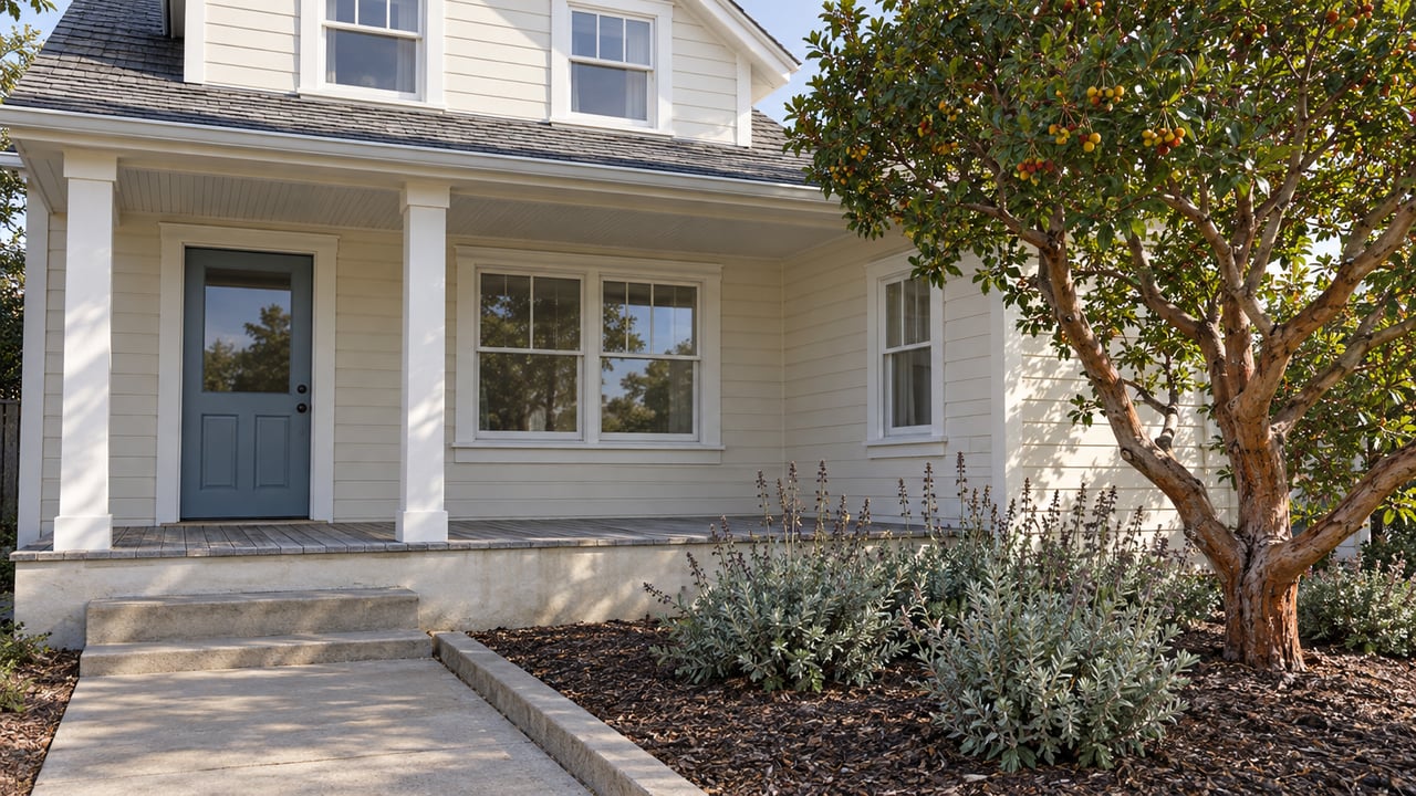 Cream wood-sided home with a covered porch, muted blue entry door and sculptural tree beside a shallow concrete approach.