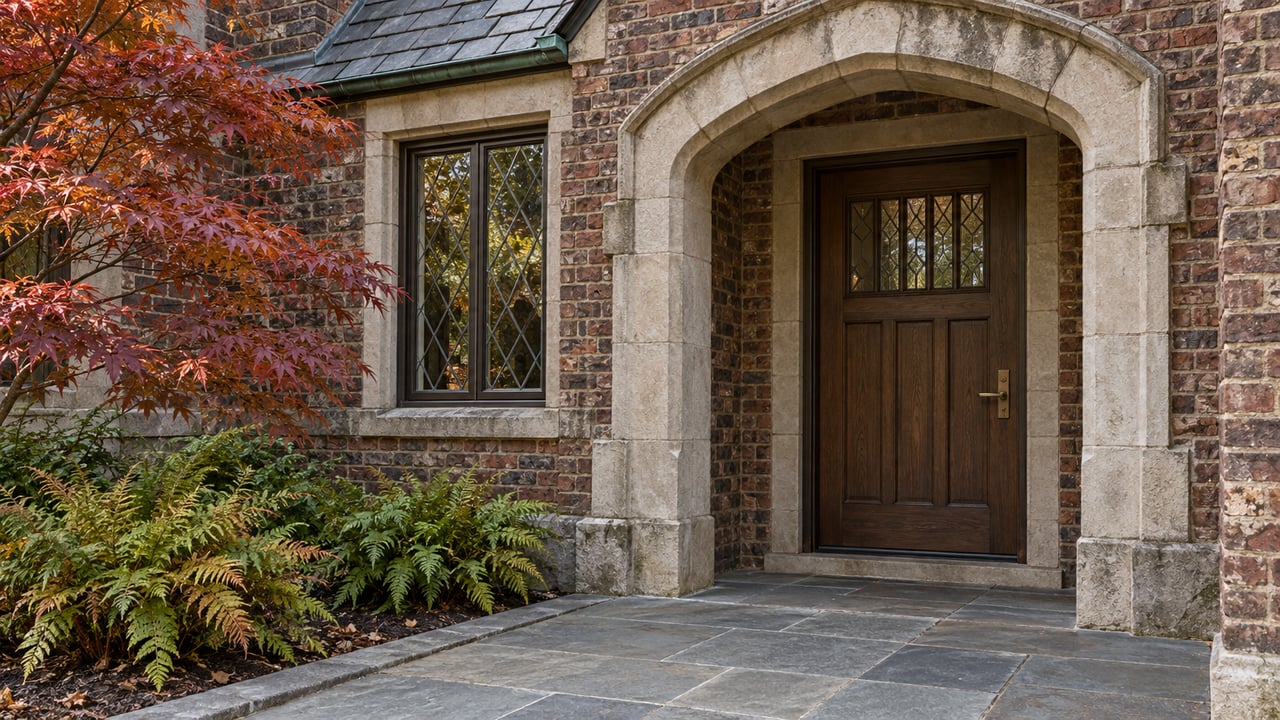 An oak front door recessed in a limestone arch beside a leaded window, with weathered brick, bluestone paving and copper-red maple leaves.