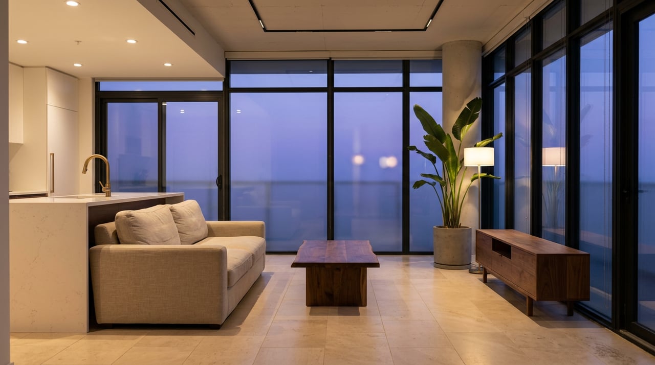 Open-plan condo living room with a linen sofa, walnut coffee table, potted bird of paradise, and twilight glass wall.