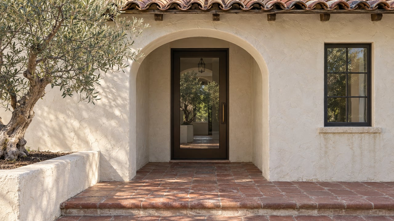 Arched stucco entry with a closed bronze-framed glass door, red-clay pavers, and an olive tree in a raised planter.
