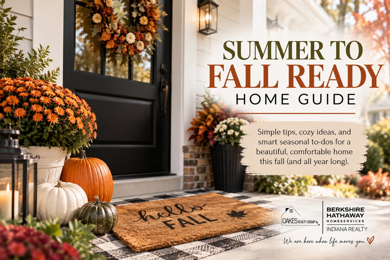 Summer to Fall Ready Home Guide with a fall-decorated front porch and seasonal home tips.