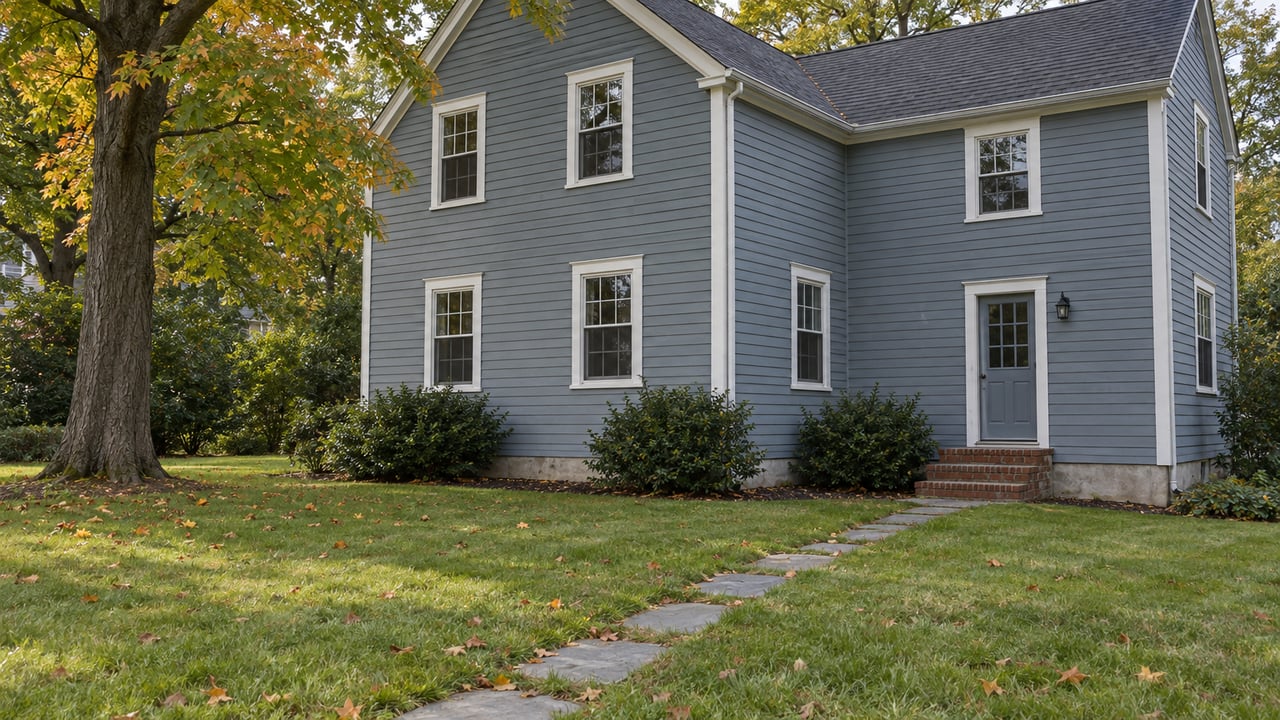 Slate-blue clapboard house with white-trimmed windows, brick steps, and a bluestone path crossing the lawn.