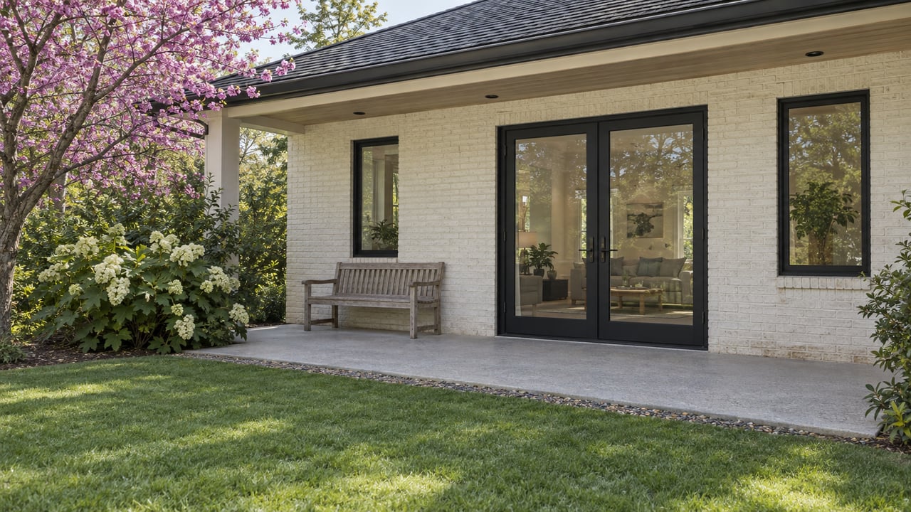 Brick house opens onto a concrete terrace and lawn, with glazed doors and teak bench.