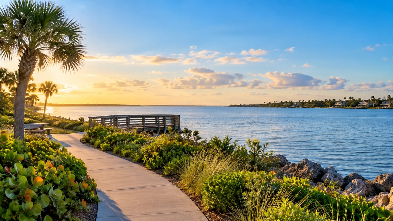 Waterfront walkway curves past palms and a wooden viewing deck at sunset.