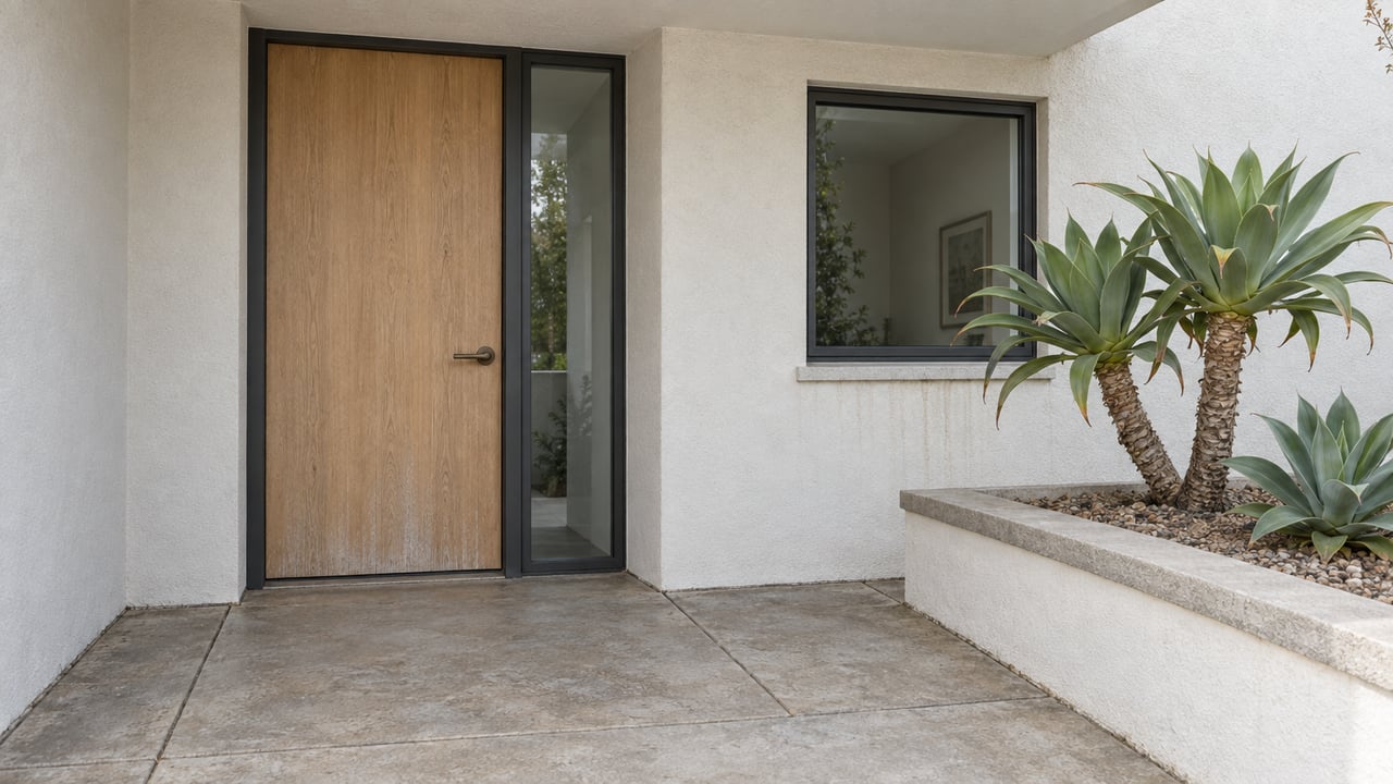 Covered white stucco entry with a pale oak door, charcoal-framed glazing, concrete paving, and sculptural succulents in a raised masonry planter.