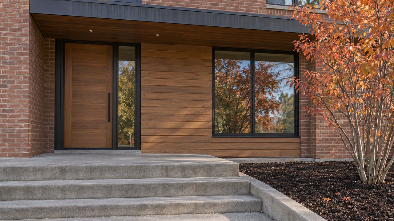 Red-brown brick home with a recessed cedar entry, charcoal canopy, broad concrete steps and an orange-red serviceberry beside a dark-framed window.