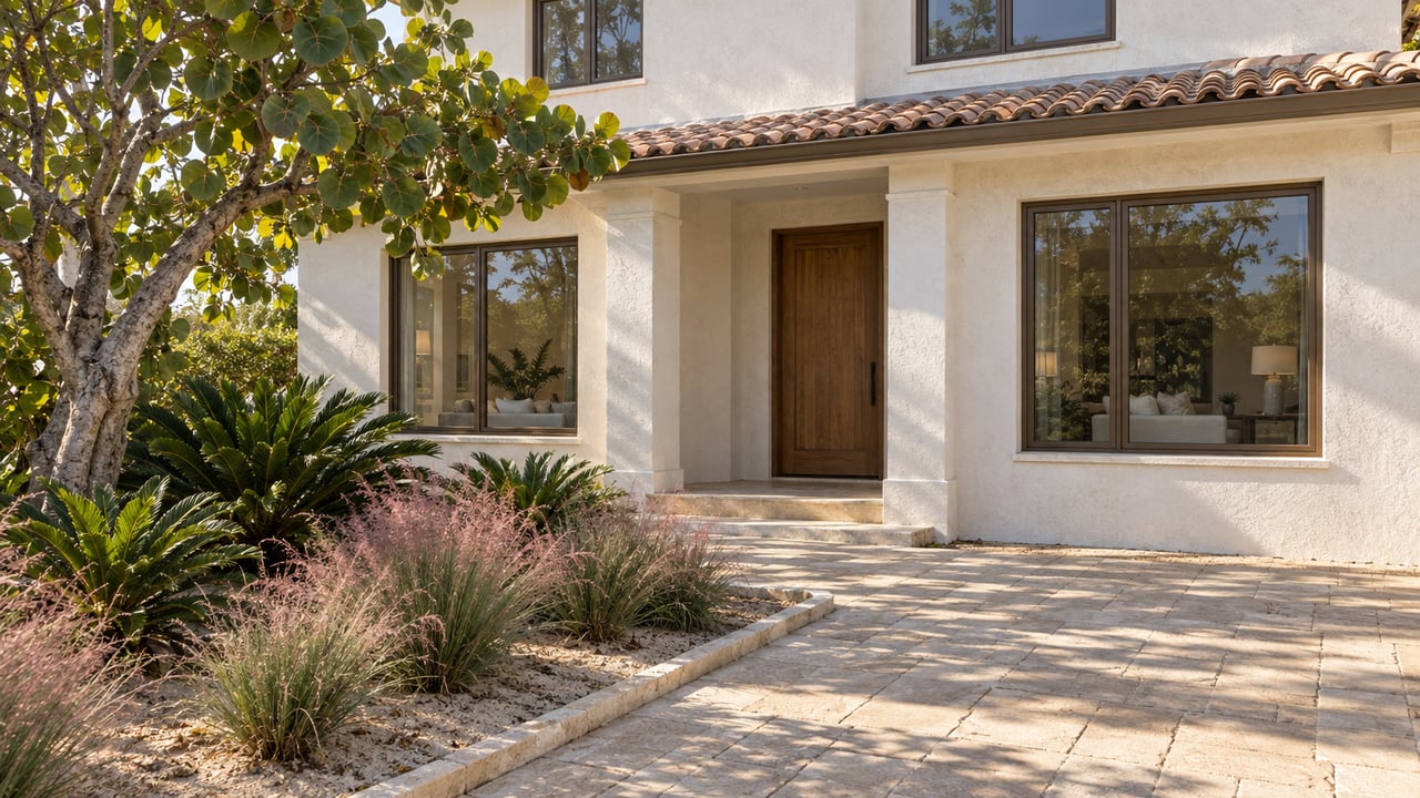 Warm afternoon light falls across a white stucco home, bronze-framed windows, and a paved garden approach with sea grape and pink muhly grass.