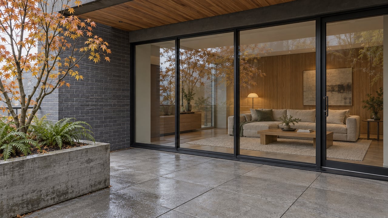 Covered apartment terrace with charcoal brick, cedar soffit, full-height glass and a raised planter holding an autumn vine maple and sword ferns.