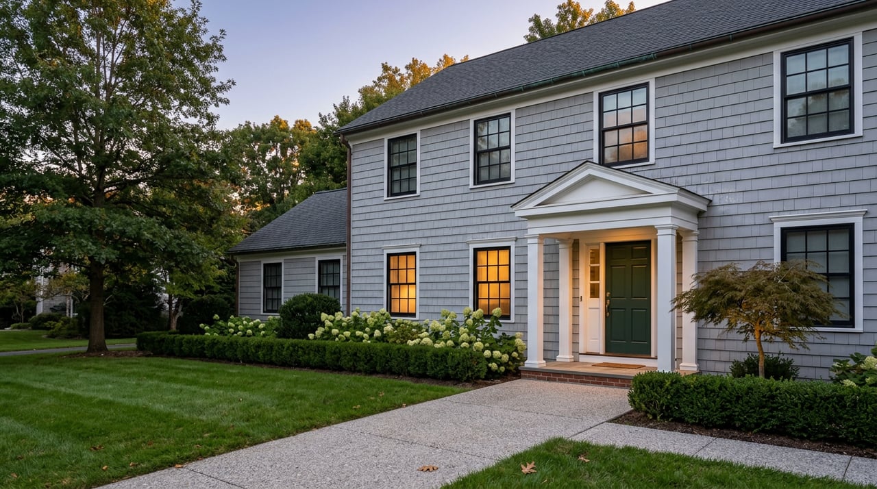 Two-story gray-shingle colonial with a white columned portico, green door, lit windows, and a deep lawn at dusk.