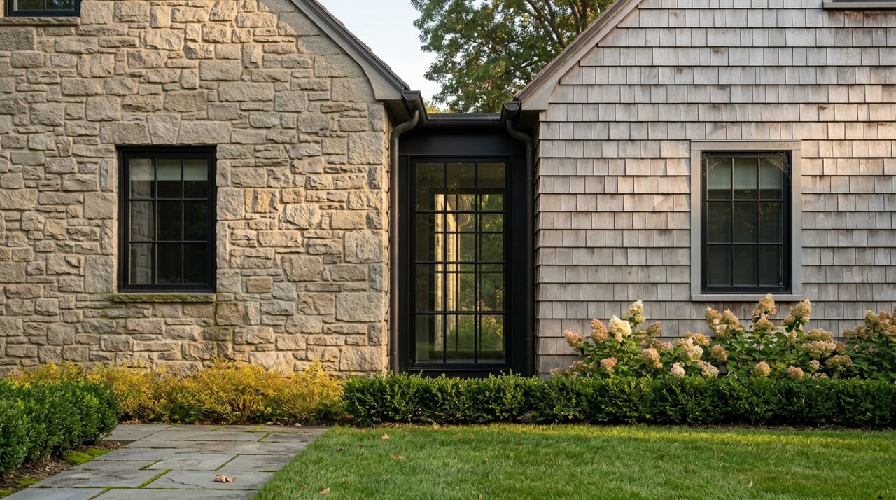 Fieldstone gable meets a black steel-and-glass connector and weathered cedar-shingle wall beside a lawn.