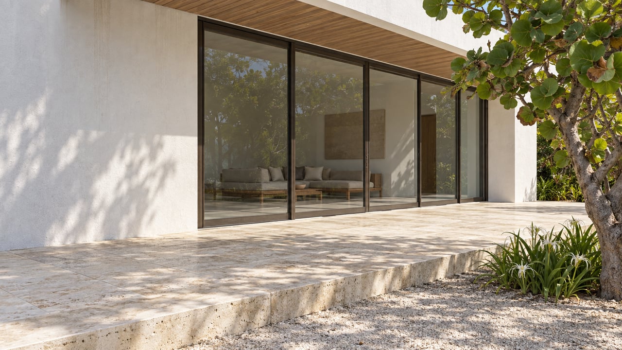 White stucco villa with bronze-framed glass doors, limestone terrace, and sea grape tree.