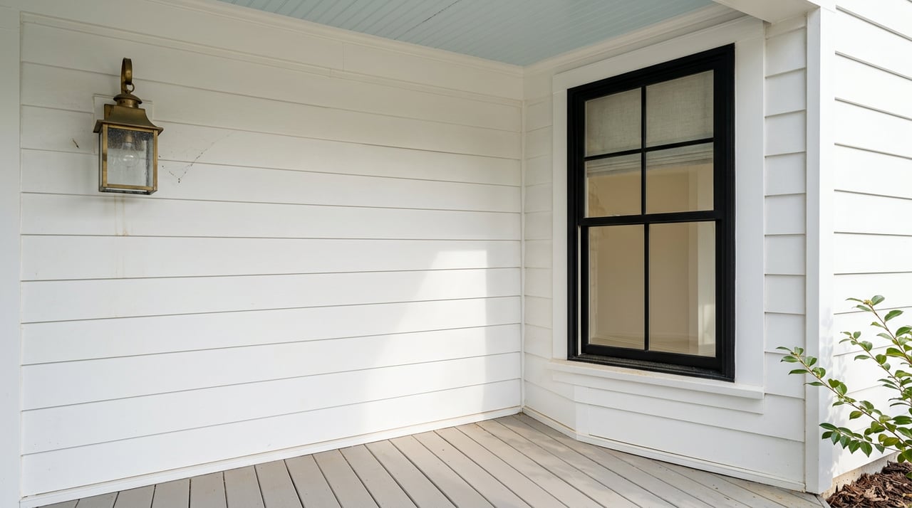 White porch siding beside a black-framed window, with a brass lantern and pale blue beadboard ceiling.