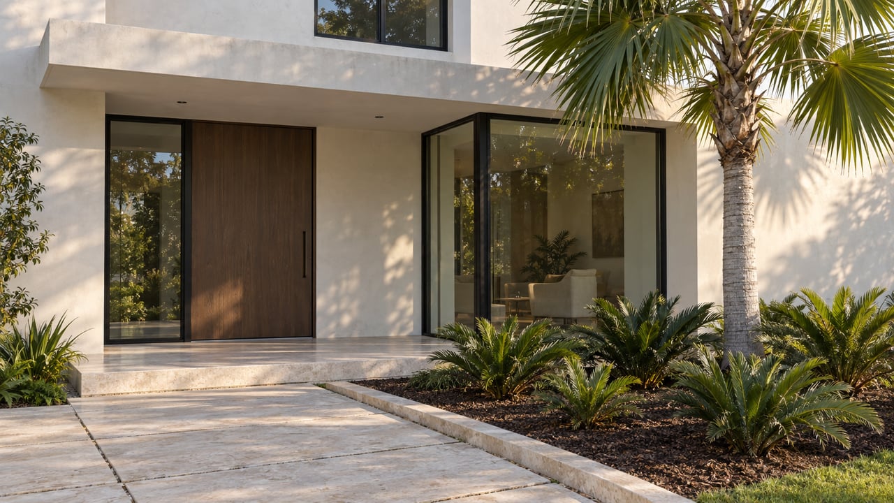Contemporary white stucco home entry with a timber pivot door, black-framed glass, limestone paving and a specimen fan palm.