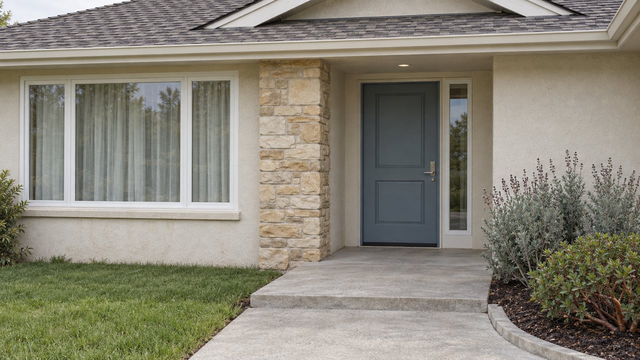 Covered home entry with off-white stucco, sandstone pier, blue-gray door and established drought-adapted planting.