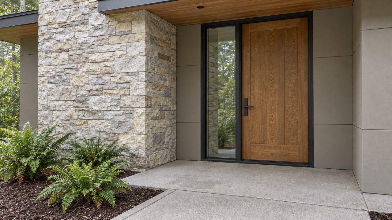 Close view of a contemporary home's closed oak front door, pale stacked stone pier, wood soffit and ferns beside a concrete entry walk.