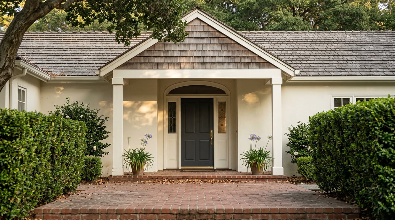A charcoal front door with brass hardware sits beneath an arched transom, framed by white columns and clipped hedges.