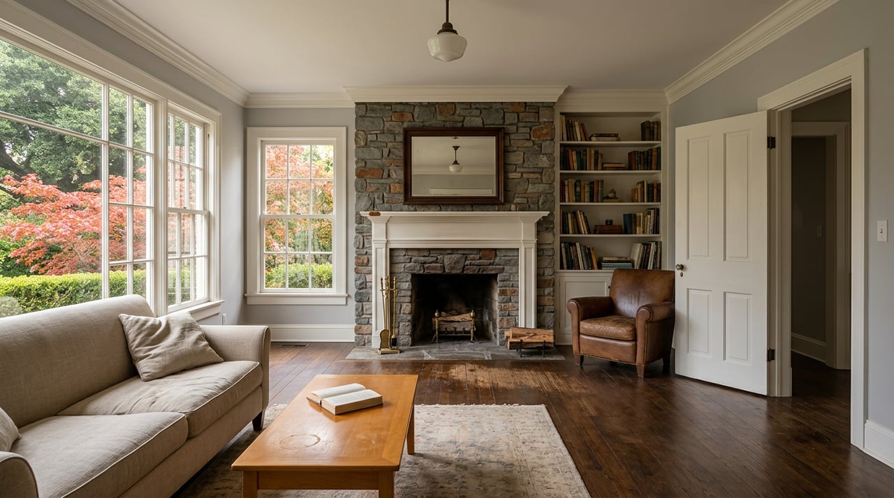 Living room with fieldstone fireplace, linen sofa, and divided-pane window backed by red maple leaves.