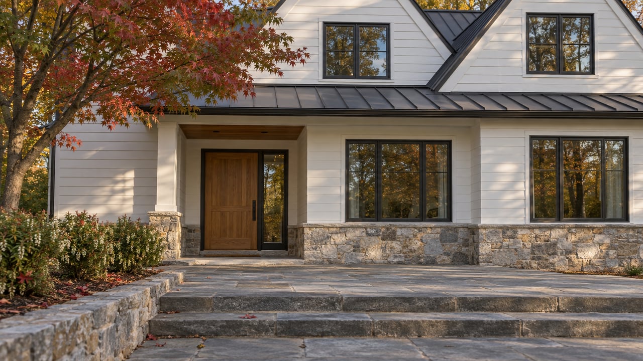 White-clad house entry with oak door, bluestone steps, and a partly red maple canopy.