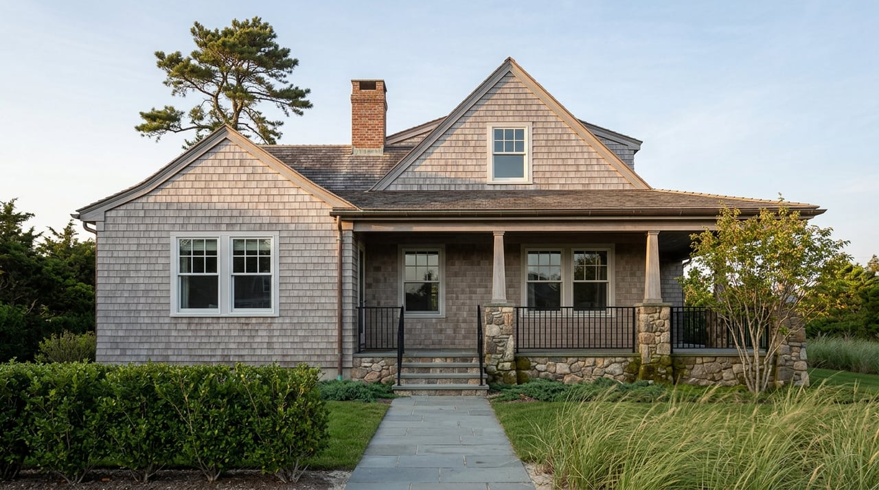 Weathered cedar-shingle cottage with a stone-piered porch, framed by dune grass, a bluestone path, and a tall pine.