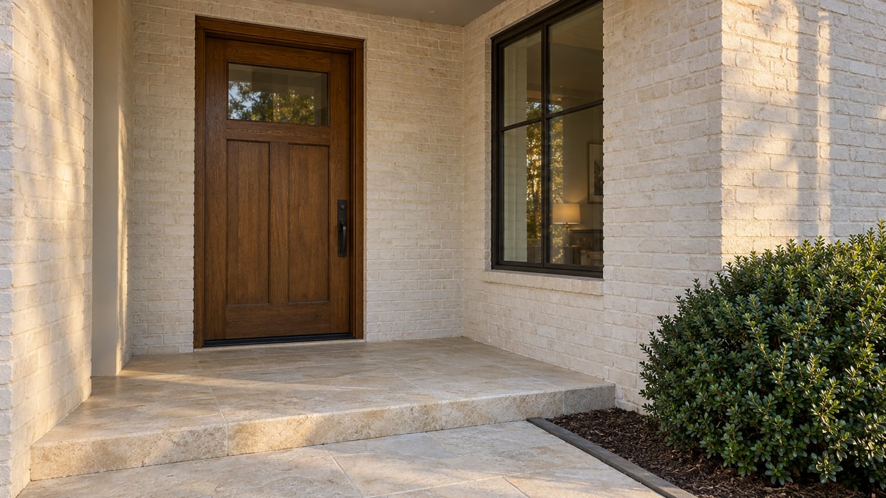 Recessed oak front door and bronze-framed window in a sunlit painted-brick entry, beside a clipped shrub.