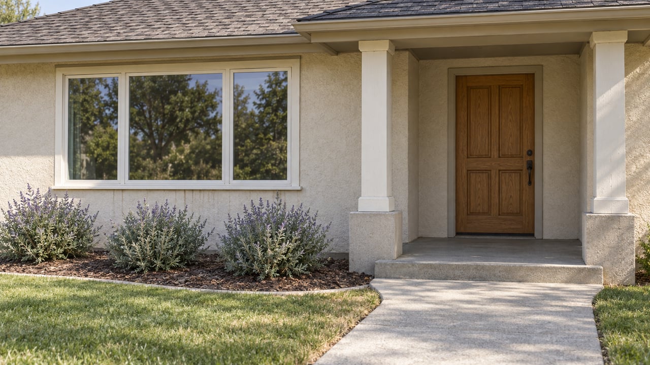Cream stucco house with a sheltered oak front door, a broad window, and a weathered concrete approach beside lawn and silver-green sage.