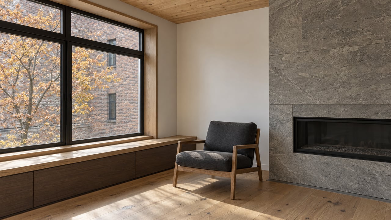 Sunlit living-room corner with oak floors, timber ceiling, black-framed courtyard windows, a stone fireplace and a charcoal lounge chair.