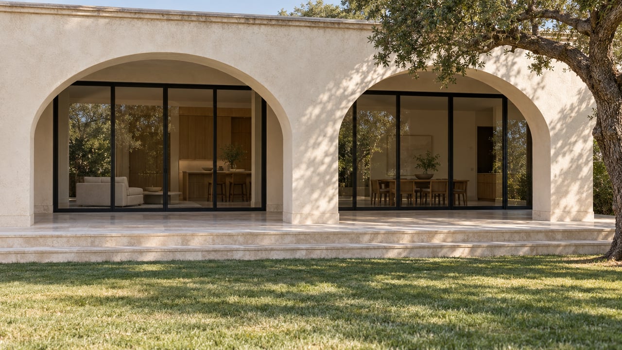 Ivory stucco arches frame a limestone terrace and black-framed windows, with a broad lawn and mature oak at the edge.