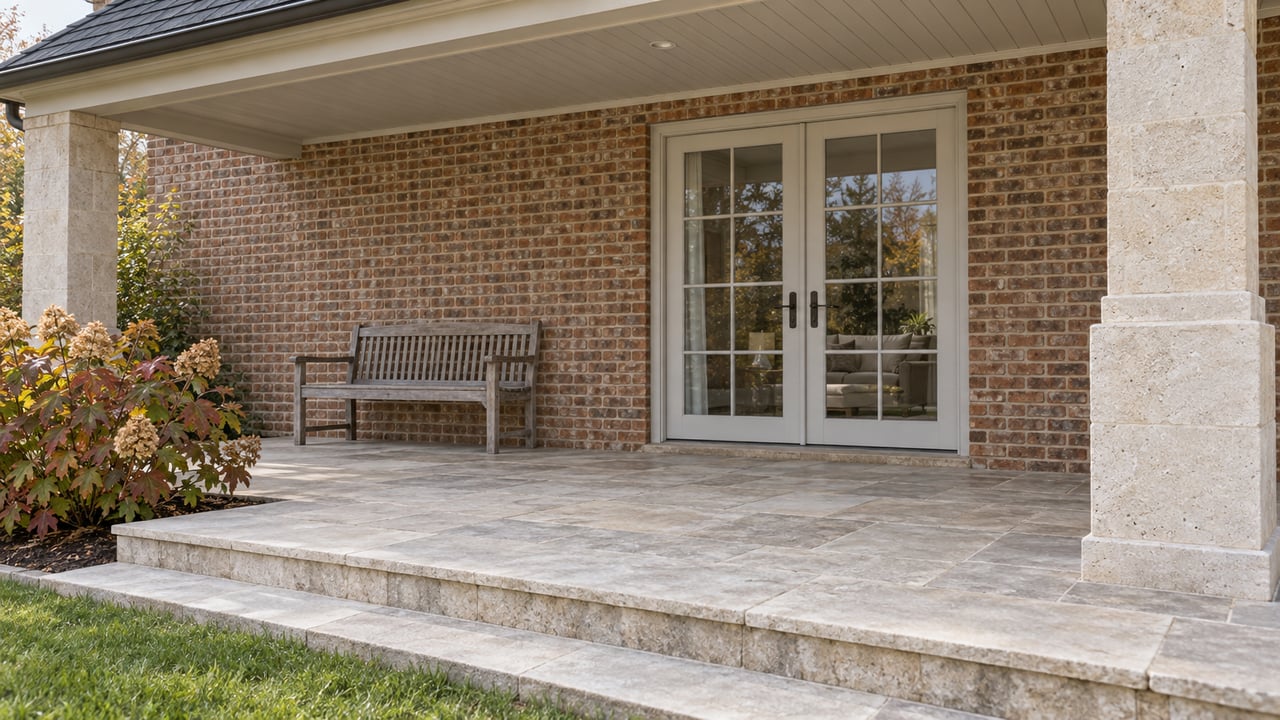 Covered brick-house terrace with closed French doors, limestone paving, a weathered teak bench and an oakleaf hydrangea beside lawn steps.