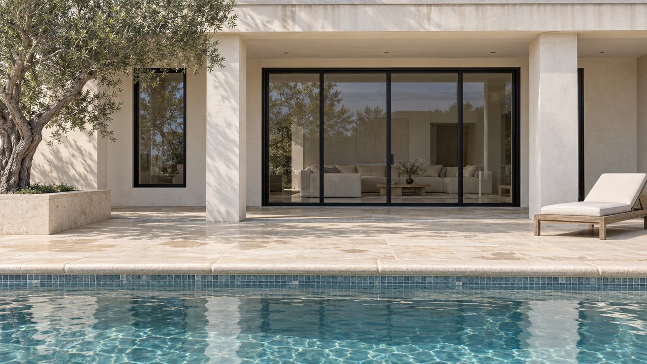 Quiet private pool beside a limestone terrace and white stucco home, with black-framed glass and a sculptural olive tree.