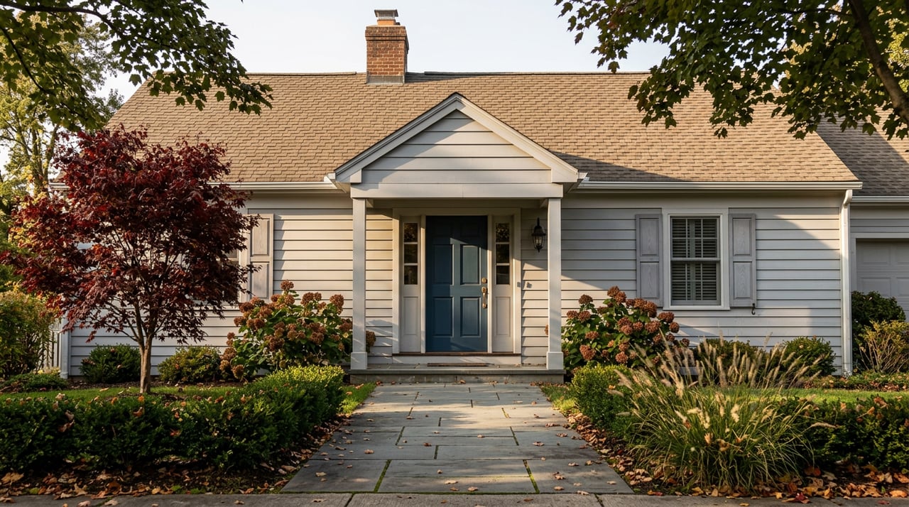 Gray clapboard Cape Cod home with blue door, brick chimney, red maple, and fallen leaves on a bluestone walk.