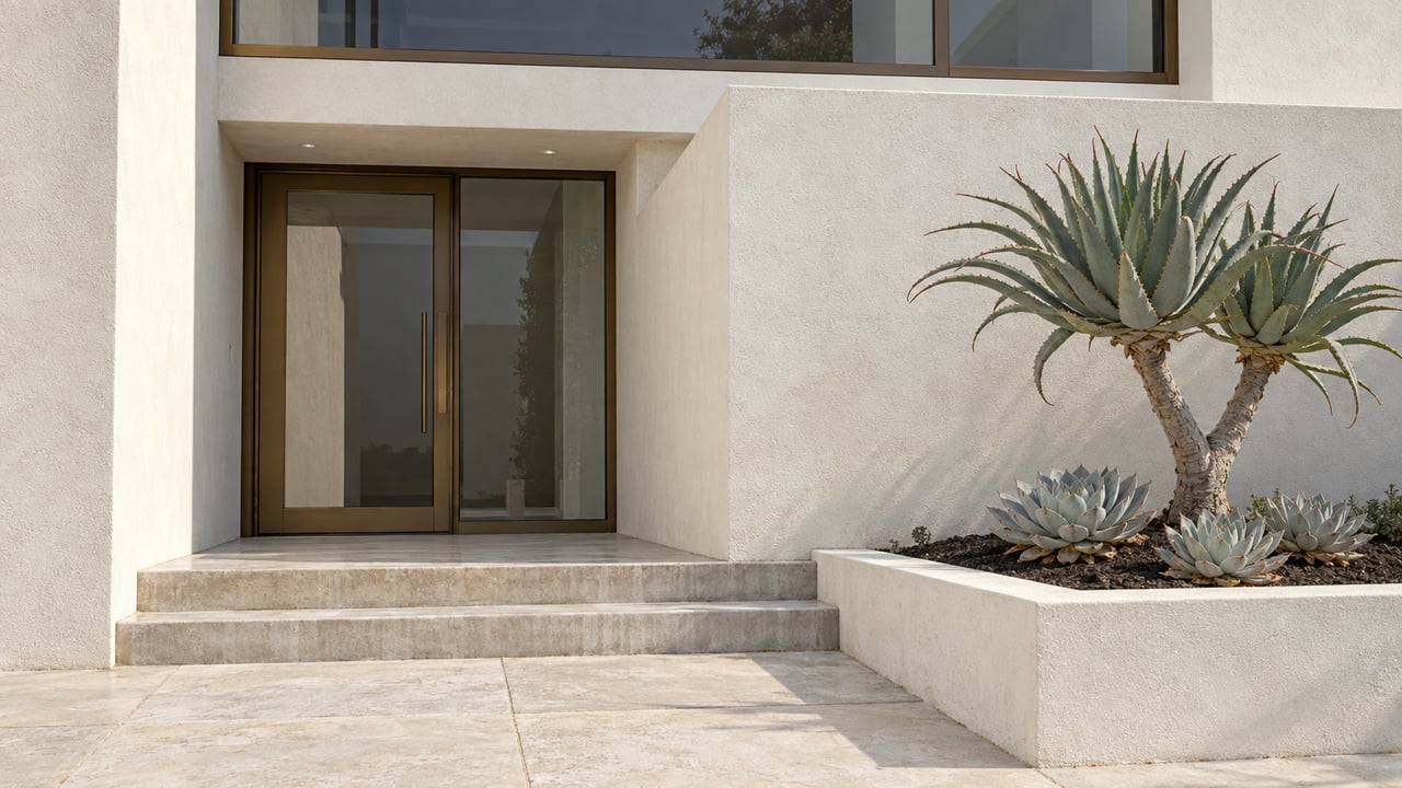 Modern white-stucco home entrance with bronze-framed glass, pale concrete steps and a raised planter holding sculptural aloes.