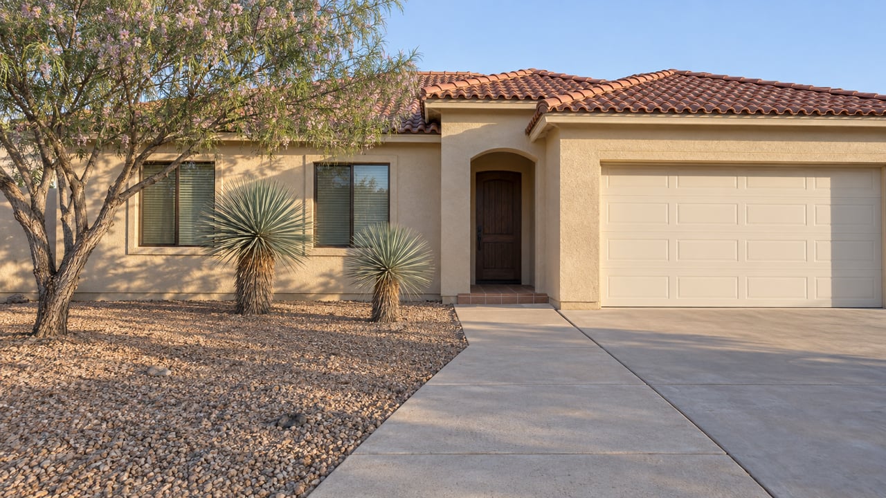 Single-story sand-colored stucco home with clay roof tiles, arched entry and a deep gravel garden planted with a desert willow and two beaked yuccas.