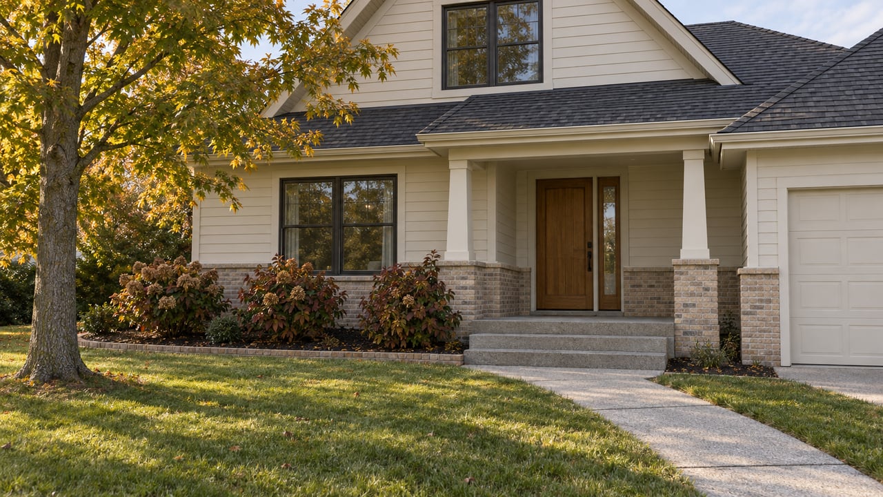 An ivory-sided home with a steep gable, dark windows and buff brick entry above a lawn and concrete walkway, framed by autumn foliage.