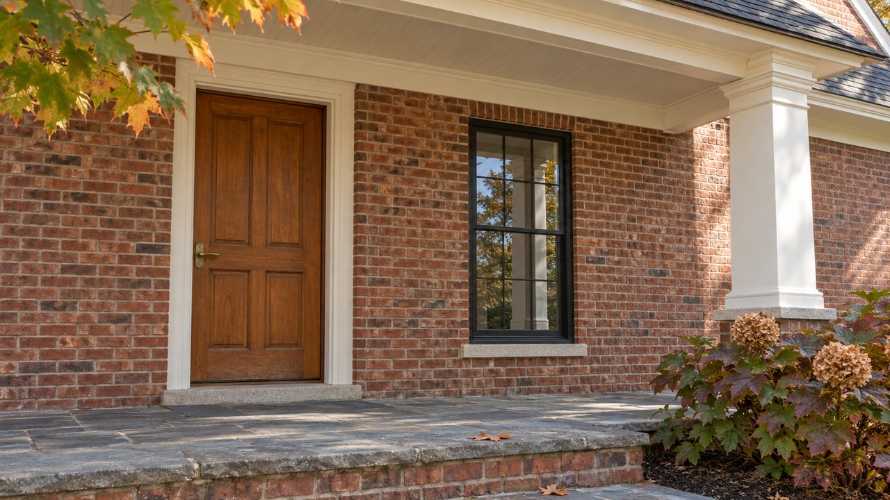 Brick home's covered porch with an oak front door, black-framed window, blue-gray stone landing and autumn oakleaf hydrangea.