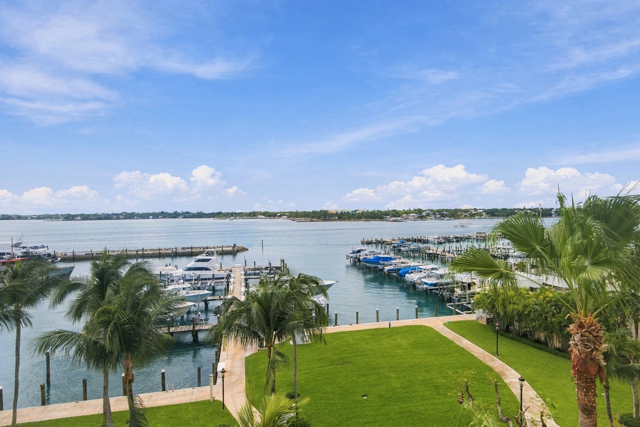 Waterfront marina with moored boats, palm trees, and a manicured lawn.