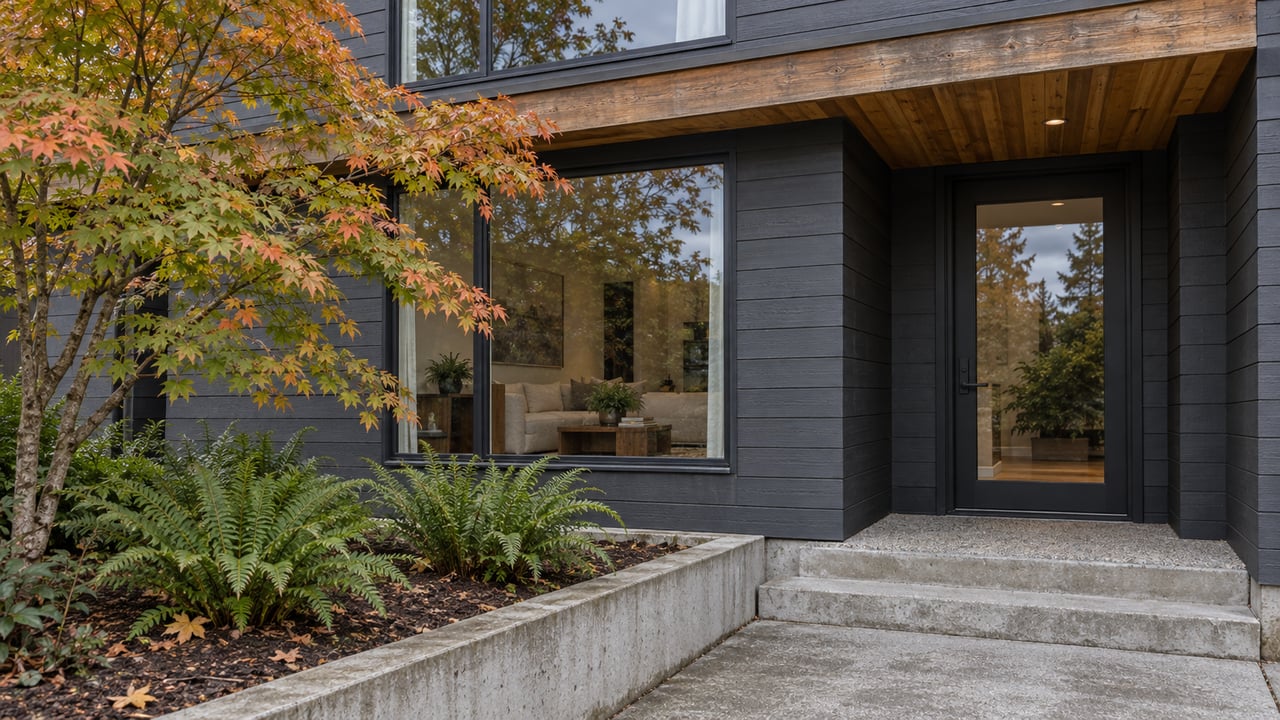 Contemporary residential entry with charcoal wood siding, cedar soffit, large windows and a vine maple beside concrete steps.