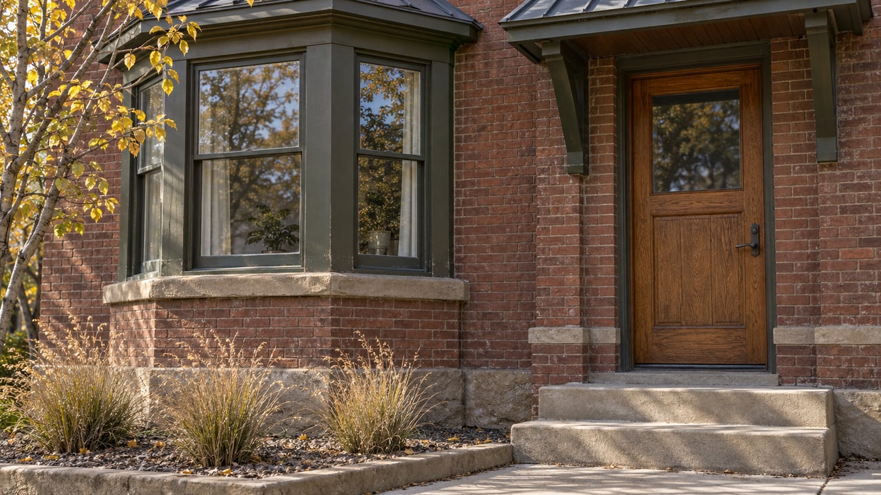 Weathered brick home with a projecting wood-framed window bay, closed oak entrance, sandstone trim, and autumn serviceberry planting.