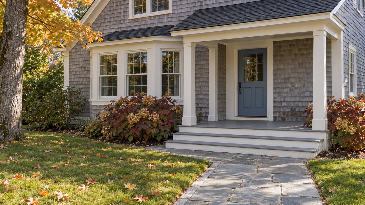 A gray shingled cottage with a blue entry door, broad porch steps and a bluestone walk beside an autumn lawn.