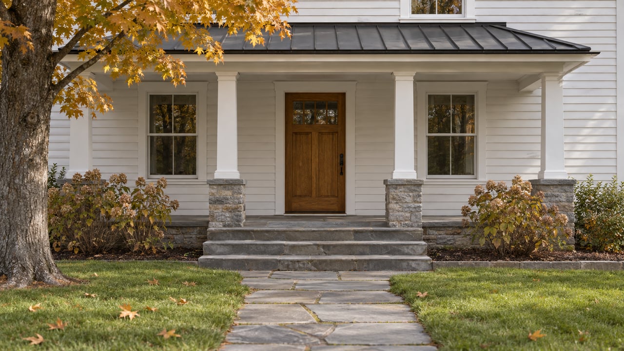 White clapboard home with a stone porch, oak front door and amber sugar maple beside an autumn lawn.