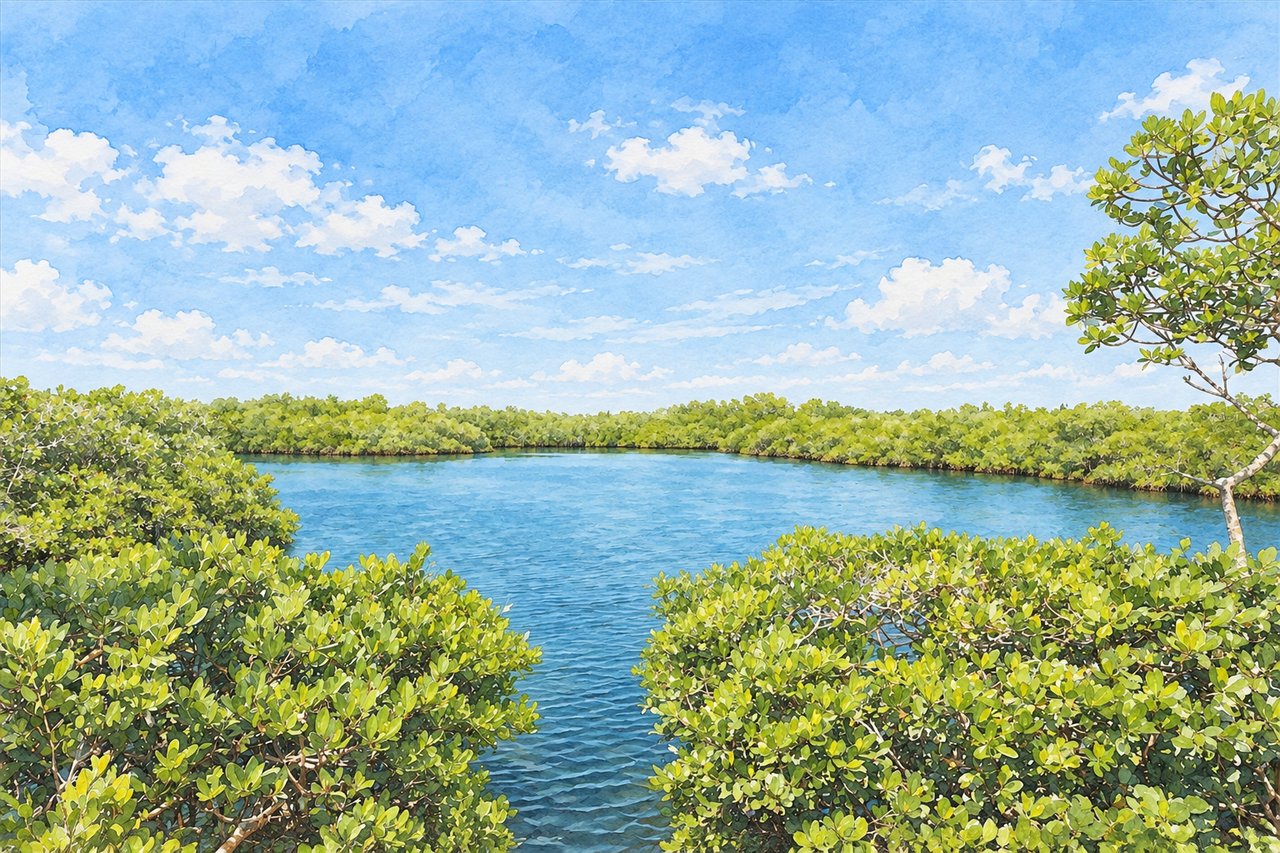 Blue creek winding through dense mangroves beneath a bright, cloudy sky.