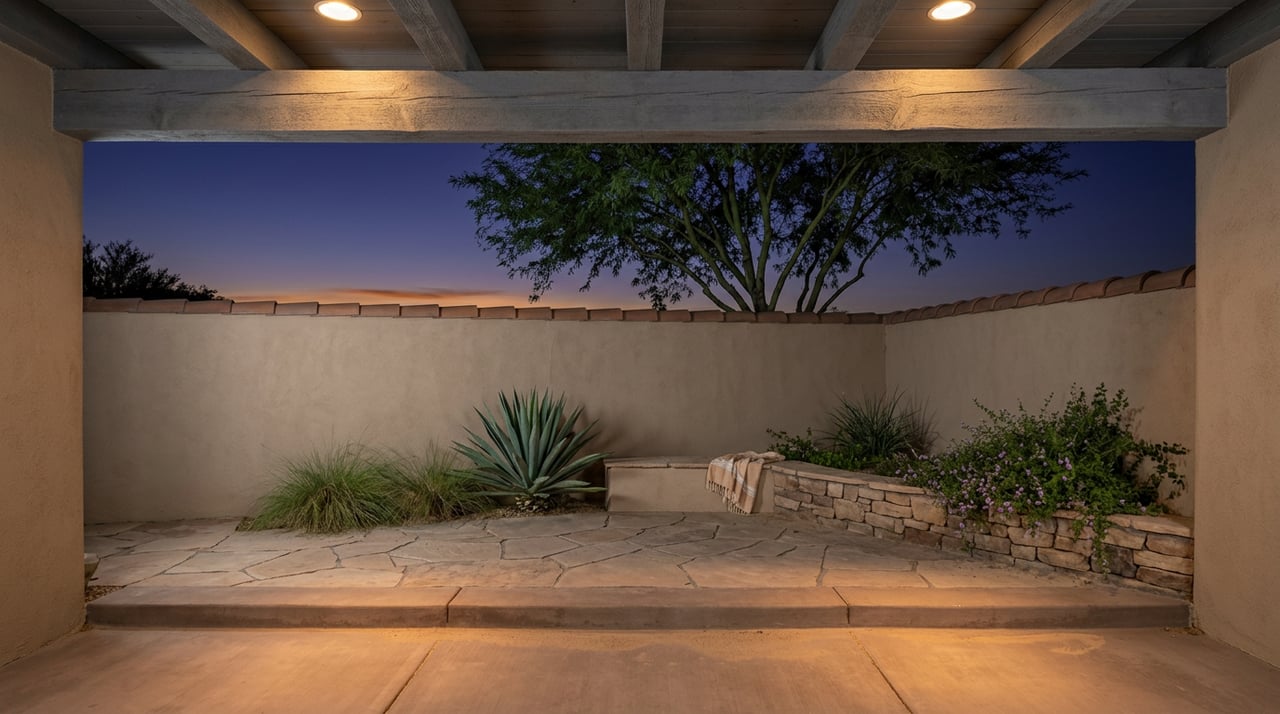 Covered patio opens onto a flagstone courtyard with an agave, grasses, and palo verde beneath blue-hour sky.