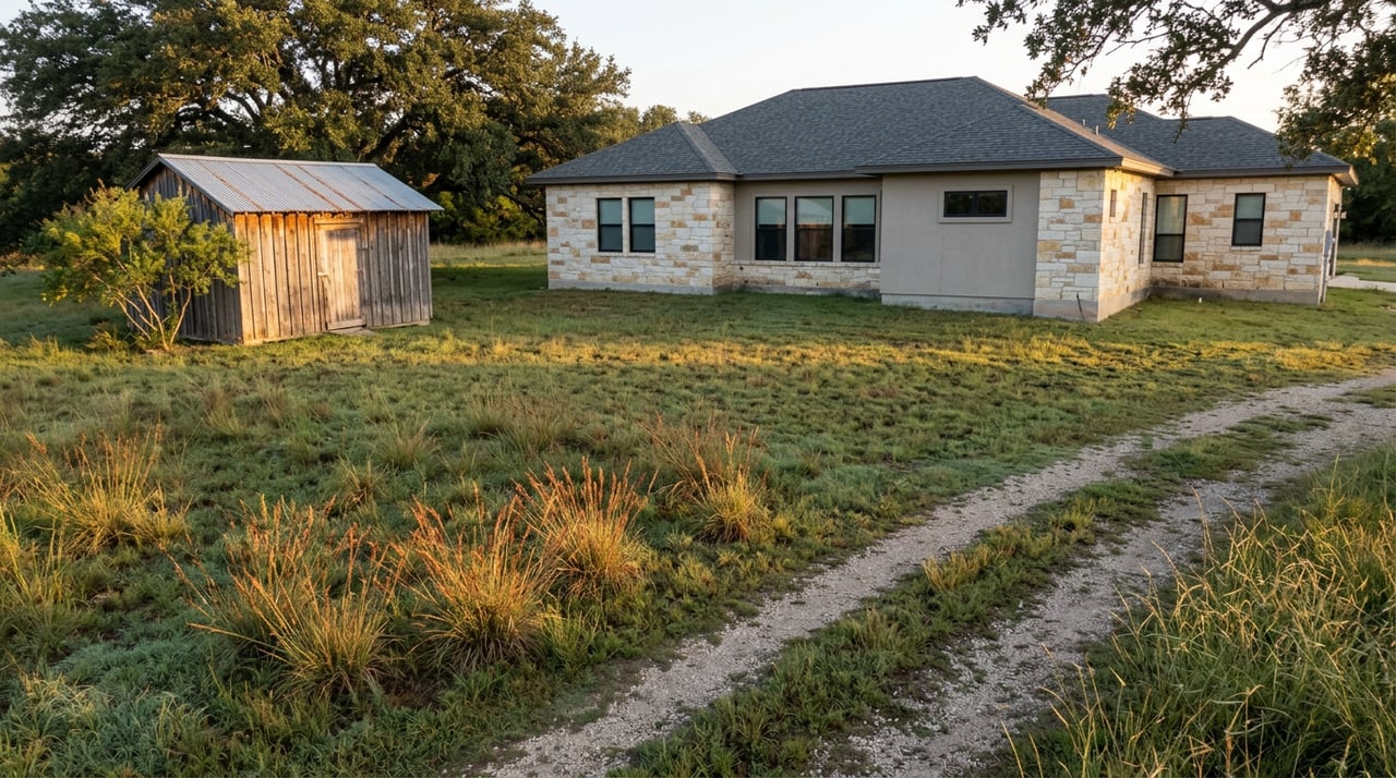 Limestone-and-stucco home and weathered cedar shed beyond dew-covered pasture grass and a gravel two-track.