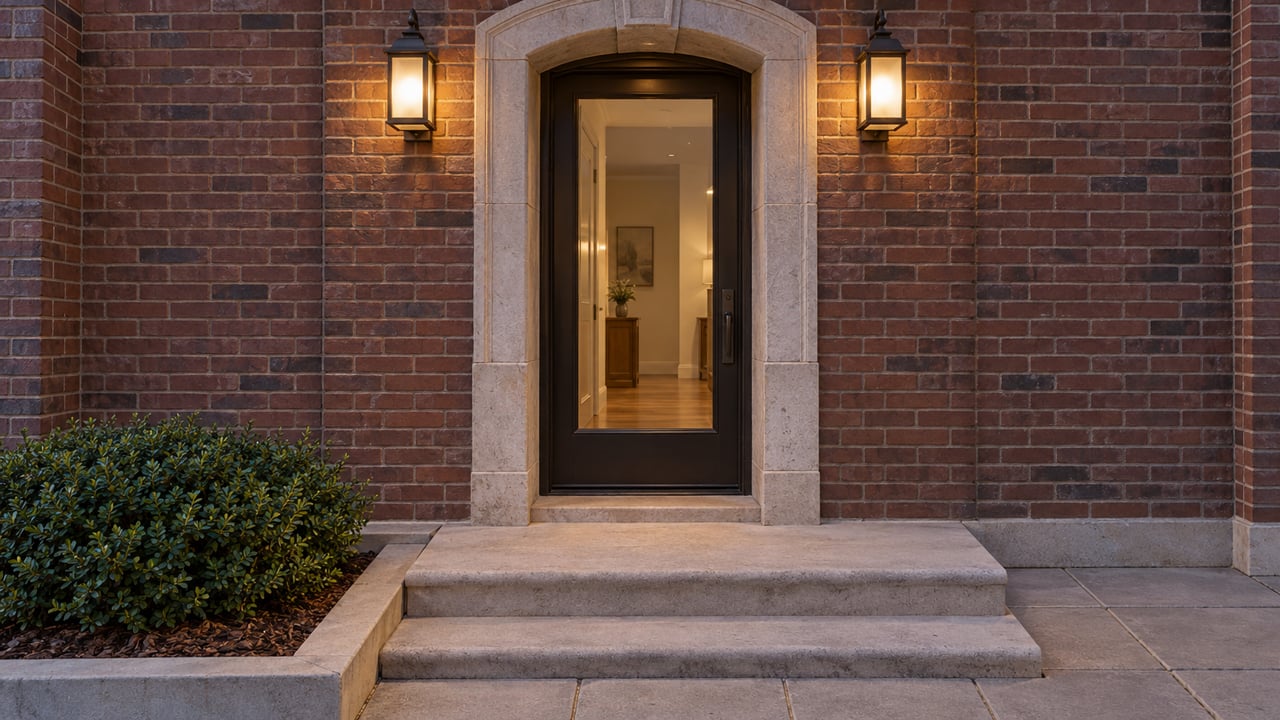 Brick townhouse entrance at blue hour with a limestone arch, warm bronze sconces, broad stone steps, and a clipped dwarf yaupon holly.