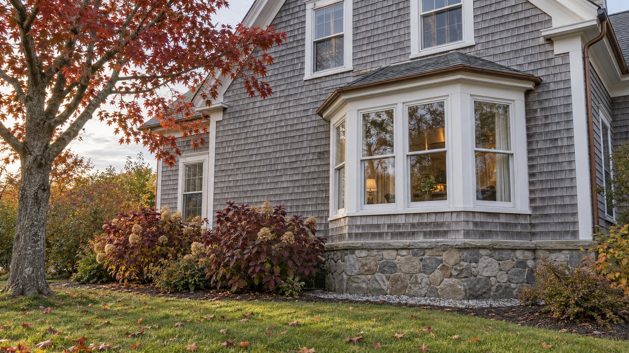 Weathered cedar-shingle house with white-trimmed bay windows, a fieldstone foundation and red autumn foliage beside a small lawn.