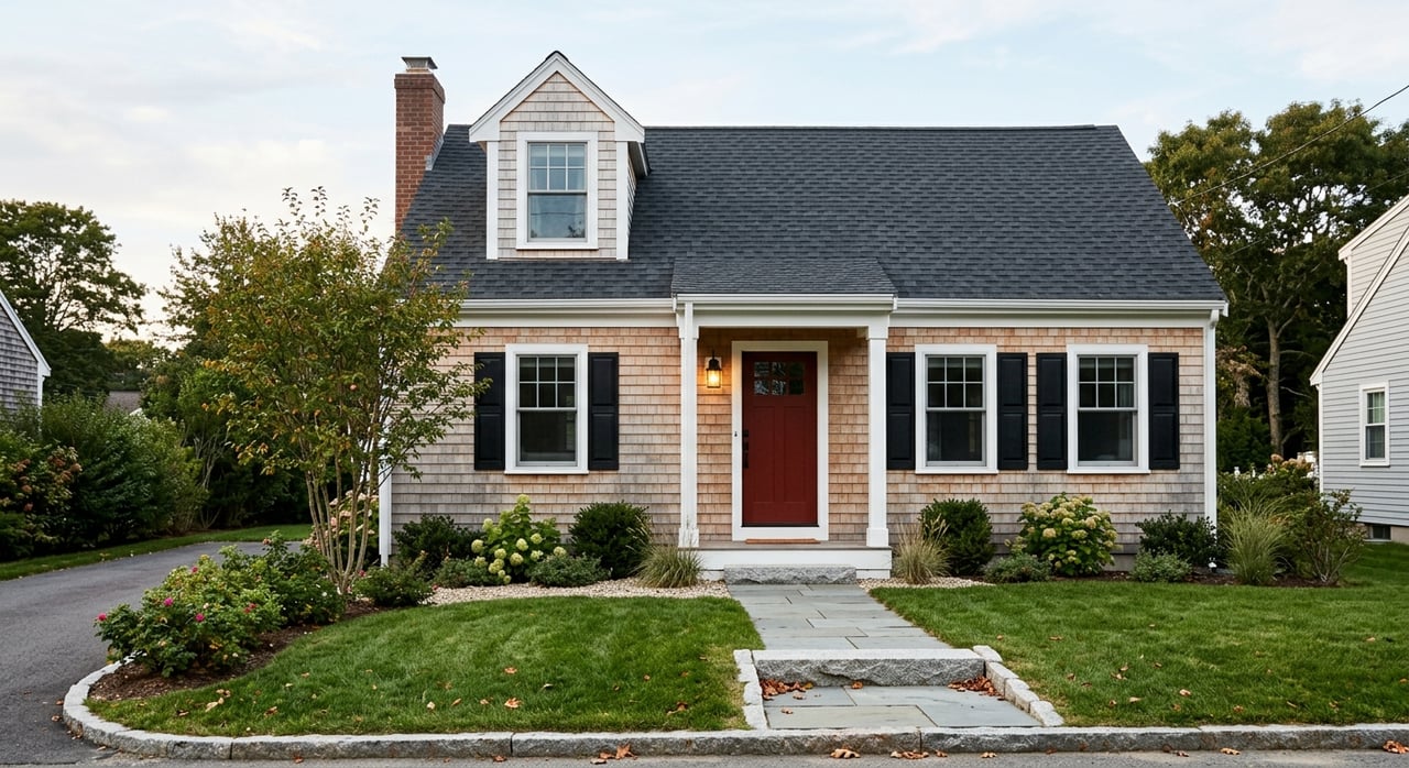 Cedar-shingled Cape house with white trim, red front door, and bluestone walk across lawn.