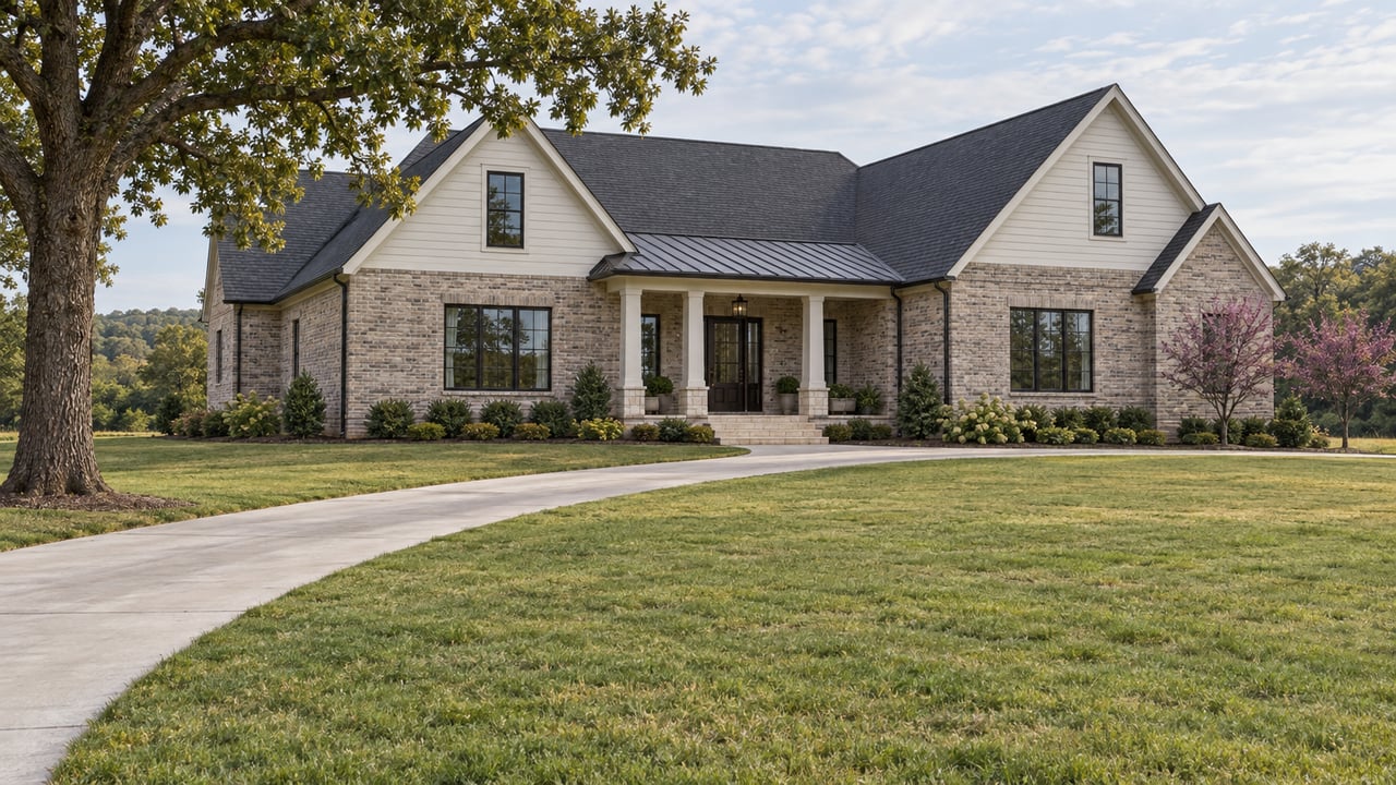 A brick-and-siding house with two steep gables stands beyond a broad lawn and curved driveway.