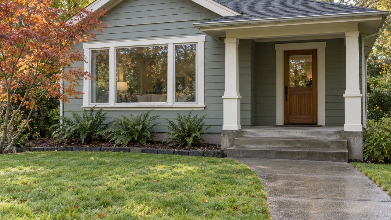 Gray-green gabled home with a small covered entry, broad front window, autumn vine maple and a lawn beside a concrete approach.