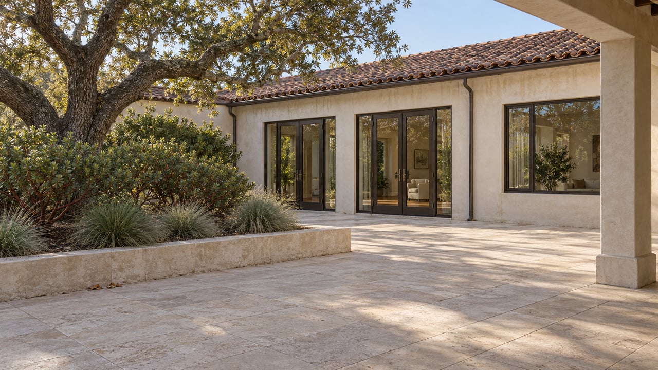 Sunlit limestone courtyard with an ivory stucco home, bronze-framed glass doors, clay tile roof and mature oak.